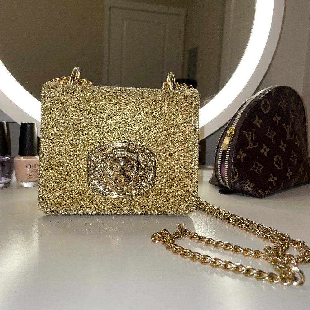 NWOT Gold Mini Purse Crossbody Bag with Lion Emblem and Gold Chain